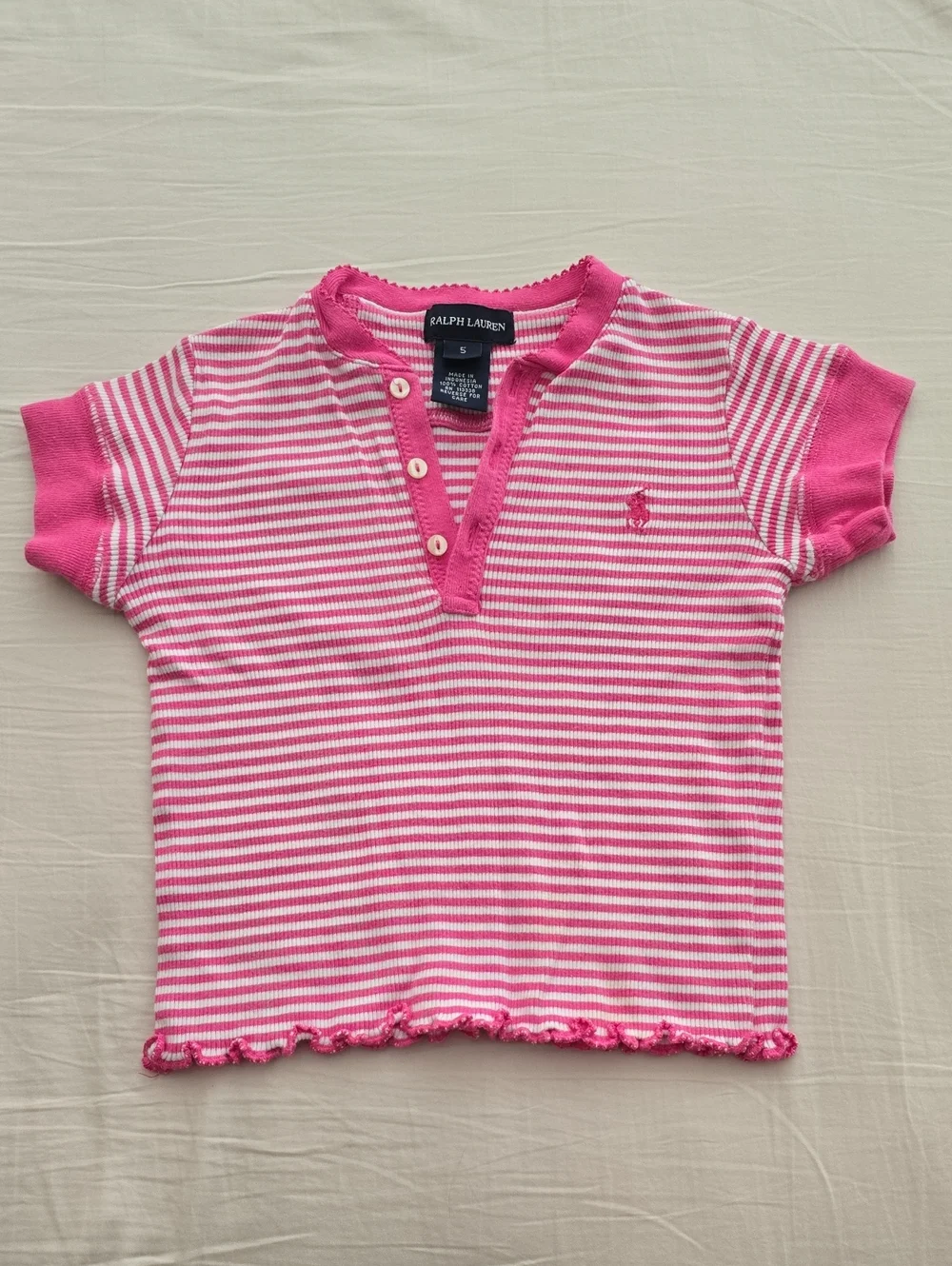 Ralph Lauren Hot Pink and White Striped Short Sleeve Henley Tee